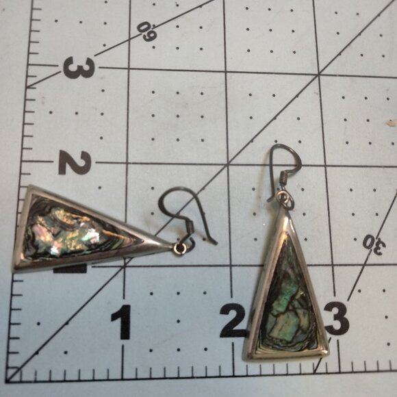 Triangular Abalone Inlay Alpaca Silver Earrings Mexico - Picture 3 of 7